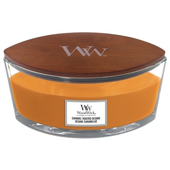 WoodWick Caramel Toasted Sesame - Sesamkekse mit Karamell-Duftkerze mit Holzdocht und Deckel Glasboot 453 g