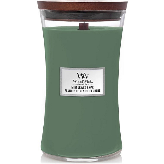 WoodWick Mint Leaves & Oak Duftkerze mit Holzdocht und Deckel Glas groß 609,5 g