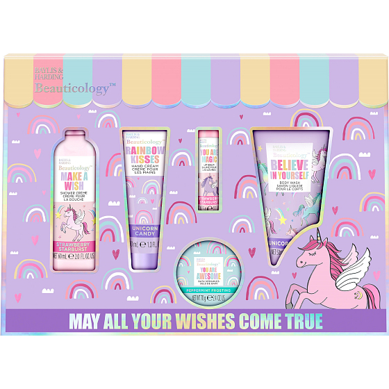 Baylis & Harding Einhorn Waschgel 50 ml + Duschcreme 60 ml + Lippenbalsam 5 g + Handcreme 30 ml + Badekristalle 70 g, Kosmetikset für Frauen