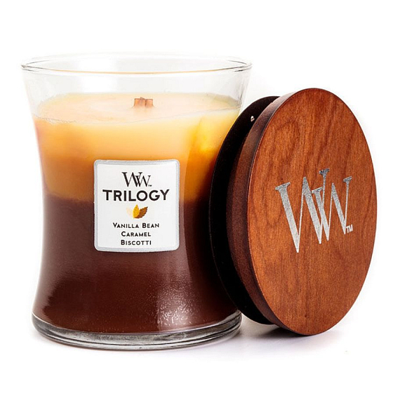 WoodWick Trilogy Cafe Sweets - Duftkerze mit Holzdocht und Deckel im Glas, große 609,5 g