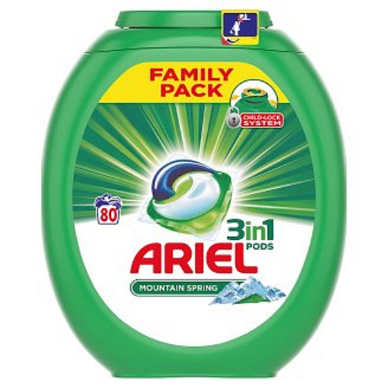 Ariel 3in1 Mountain Spring Wash Gelkapseln für schön saubere und duftende Flecken Kostenlos 80 x 27 g
