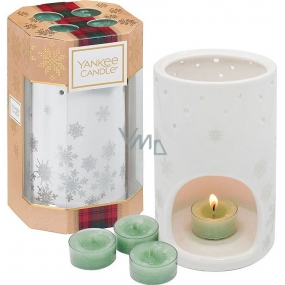 Yankee Candle White Fir - Mattes Teelicht aus gefrorener Tanne 4 Stück + Kerzenhalter aus Keramik 1 Stück, Weihnachtsgeschenkset