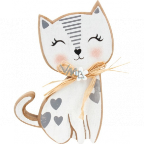 Hölzerne Katze mit Schleife und Herzen weiß 15 cm