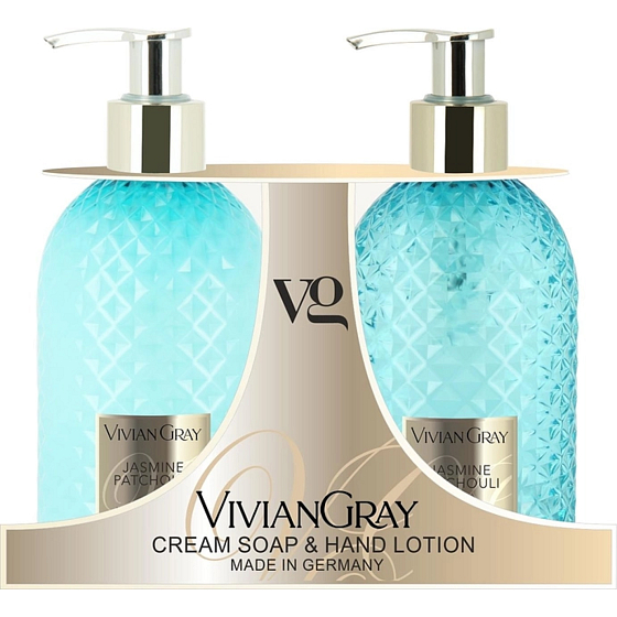 Vivian Gray Jasmine and Patchouli Luxus-Flüssigseife mit Spender 300 ml + Luxus-Handlotion mit Spender 300 ml, Kosmetikset