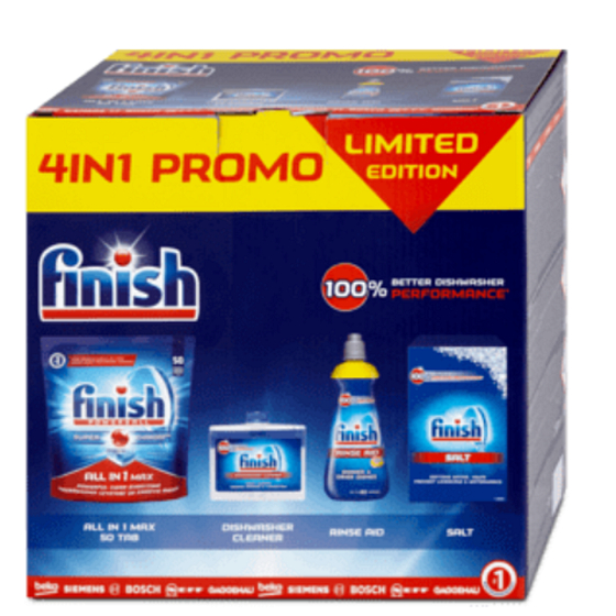 Finish 4in1 All in 1 Max Tabletten 815 g + Shine & Protect Lemon Sparkle Politur 400 ml + Spülmaschinenreiniger 250 ml + Spülmittelsalz 1,5 kg, Waschmittelpackung