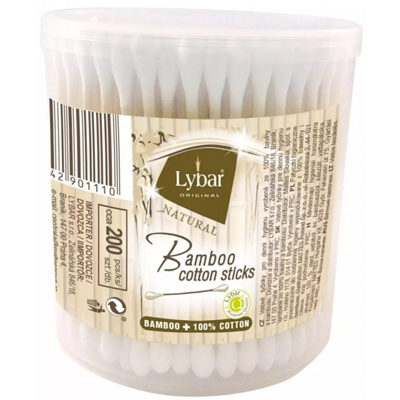 Lybar Original Natural Bamboo Bambus Wattestäbchen runde Box 200 Stück