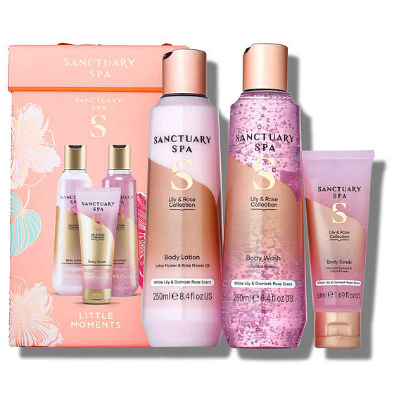 Sanctuary Spa Little Moments Lily and Rose Körperlotion 250 ml + Duschgel 250 ml + Körperpeeling 50 ml, Kosmetikset für Frauen