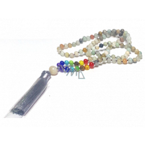 108 Mala 7 Chakra Halskette, Amazonit, Meditationsschmuck, Naturstein geknüpft, elastisch, Quaste 8 cm, Perle 6 mm