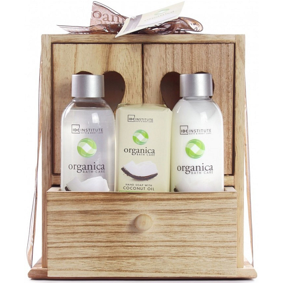 Idc Institute Organica Kokosöl Duschgel 120 ml + Körperlotion 120 ml + Seife 90 g in einer Holzkiste, Kosmetikset