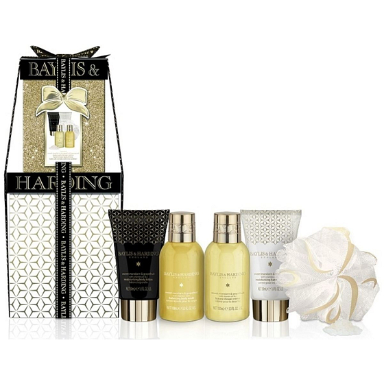 Baylis & Harding Mandarin und Grapefruit Duschgel 100 ml + Duschcreme 100 ml + Bodylotion 50 ml + Handcreme 50 ml + Badekristalle 25 g + Massageschwamm, Kosmetikset