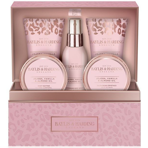 Baylis & Harding Jojoba-, Vanille- und Mandelöl-Körperspray 100 ml + Körperbutter 100 ml + Badesalz 100 g + Duschcreme 50 ml + Waschgel 50 ml + Schmuckschatulle, Kosmetikset