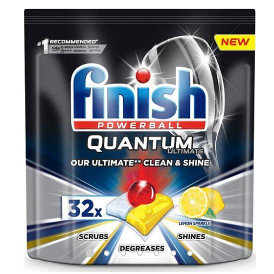 Finish Quantum Ultimate Lemon Tabletten für den Geschirrspüler, schützt Geschirr und Gläser, bringt schillernde Reinheit, Glanz von 32 Stück