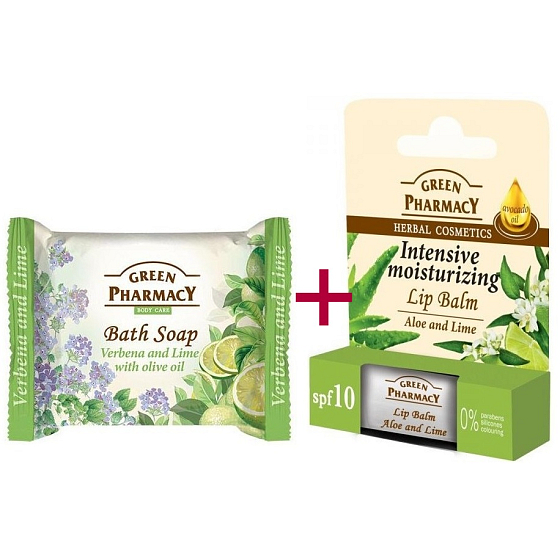 Green Pharmacy Aloe Vera und Limette Lippenbalsam 2 x 3,6 g + Eisenkraut und Limette mit Olivenöl Toilettenseife 100 g, Kosmetikset