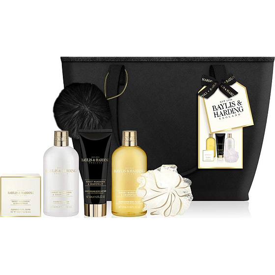 Baylis & Harding Sweet Tangerine und Grapefruit Bademilch 300 ml + Waschgel 300 ml + Toilettenseife 150 g + Körperlotion 130 ml + Waschlappen + Handtasche, Kosmetikset
