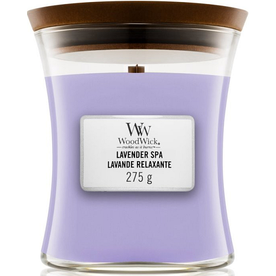 WoodWick Lavender Spa - Duftkerze Lavendelbad mit Holzdocht und Deckel Glas mittel 275 g