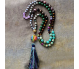 108 Mala 7 Chakra Halskette, NOC Meditationsschmuck, Naturstein, elastisch, Quaste 8 cm, Perle 6+8 mm