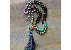 108 Mala 7 Chakra Halskette, NOC Meditationsschmuck, Naturstein, elastisch, Quaste 8 cm, Perle 6+8 mm