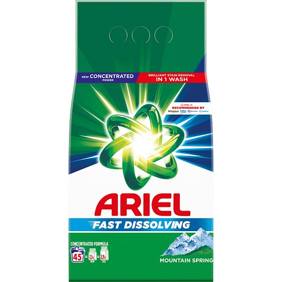 Ariel Mountain Spring Waschpulver für saubere und duftende, fleckenfreie Wäsche 45 Dosen 2,475 kg
