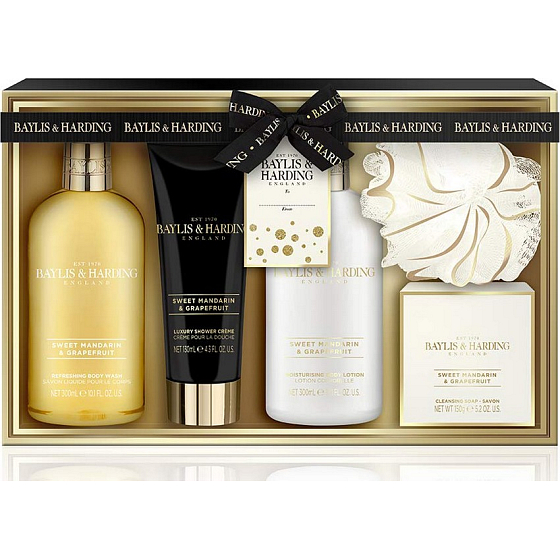 Baylis & Harding Sweet Tangerine und Grapefruit Reinigungsgel 300 ml + Körperlotion 300 ml + Toilettenseife 150 g + Duschcreme 130 ml + Waschlappen, Kosmetikset
