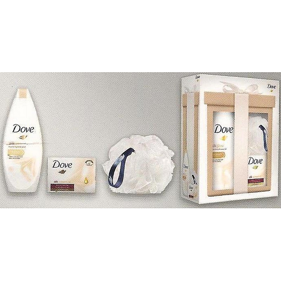 Dove Silk Glow pflegendes Duschgel 250 ml + Silk Cream Oil Cremetablette 100 g + Schwamm zum Waschen, Kosmetikset