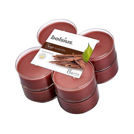 Bolsius Aromatisch 2.0 Oud Wood - Agarwood maxi duftende Teelichter 8 Stück, Brenndauer 8 Stunden