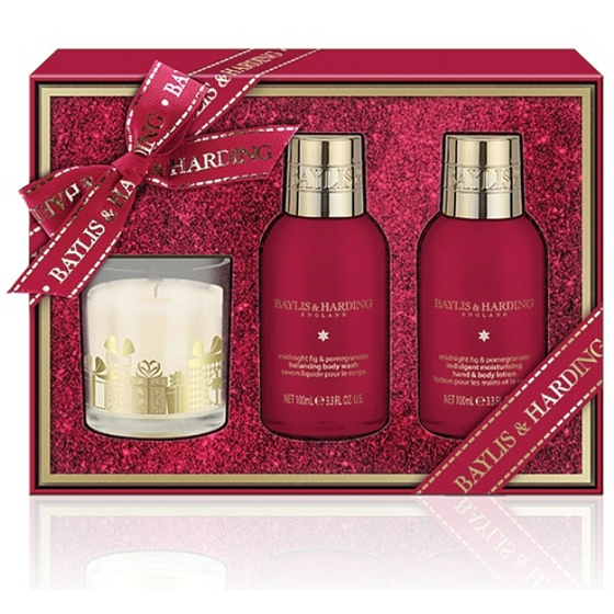Baylis & Harding Feigen- und Granatapfel-Flüssigkörperseife 100 ml + Körper- und Handlotion 100 ml + Duftkerze 60 g, Kosmetikset