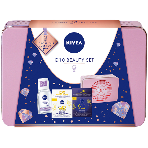 Nivea Q10 Beauty Q10 Power straffende Anti-Falten-Tagescreme für Frauen 50 ml + Q10 Power straffende Nachtcreme 50 ml + Mizellenwasser 100 ml + Blechdose, Kosmetikset