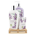 Bohemia Gifts Botanica Lavendel Flüssigseife 300 ml + Körperlotion 250 ml + feste Seife 100 g, Kosmetikset aus Holzpalette