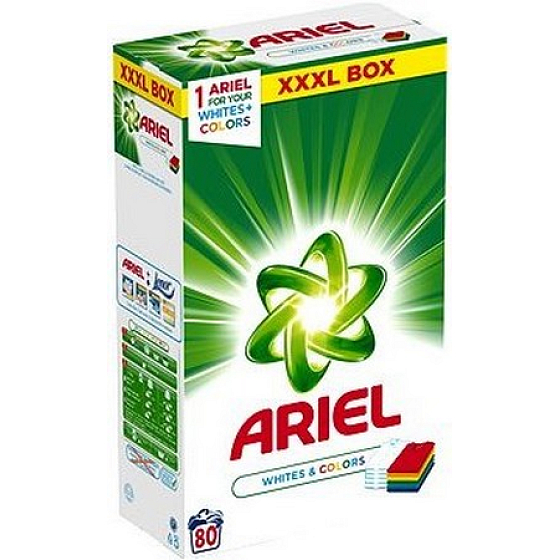 Ariel Whites + Colors Mountain Spring Waschpulver für farbige und weiße Wäschekisten 80 Dosen 6 kg