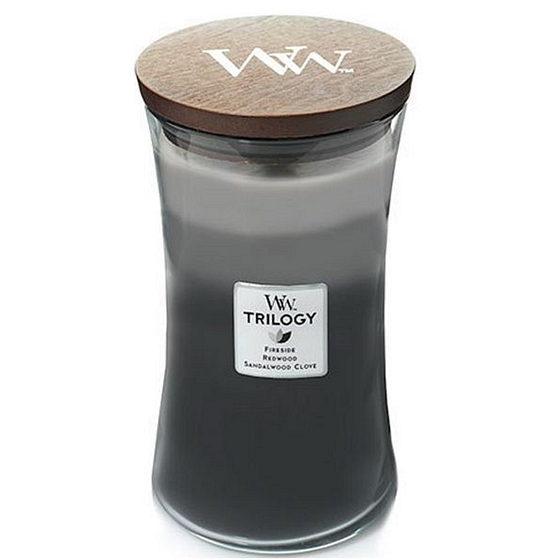 WoodWick Trilogy Warm Woods - Duftkerze Warmes Holz mit Holzdocht und Deckel Glas groß 609,5 g