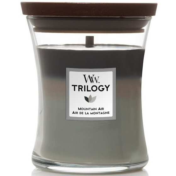 WoodWick Trilogy Mountain Air - Bergluft-Duftkerze mit Holzdocht und Glasdeckel Medium 275 g