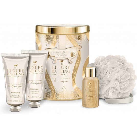 Grace Cole Impress Duschgel 100 ml + Körperlotion 100 ml + Badeschaum 50 ml + Badeschwamm, Kosmetikset in einer Blechdose