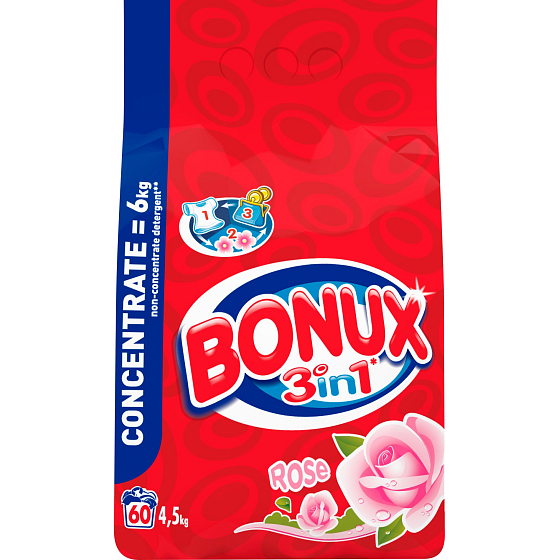 Bonux Rose 3 in 1 Waschpulver 60 Dosen von 4,5 kg