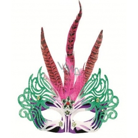 Lila Ball Maske mit rosa Federn 30 cm
