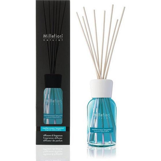 Millefiori Milano Natural Mediterrane Bergamotte - Mediterrane Bergamotte Diffusor 500 ml + 12 cm lange Stiele in großen Räumen dauern 6-7 Monate