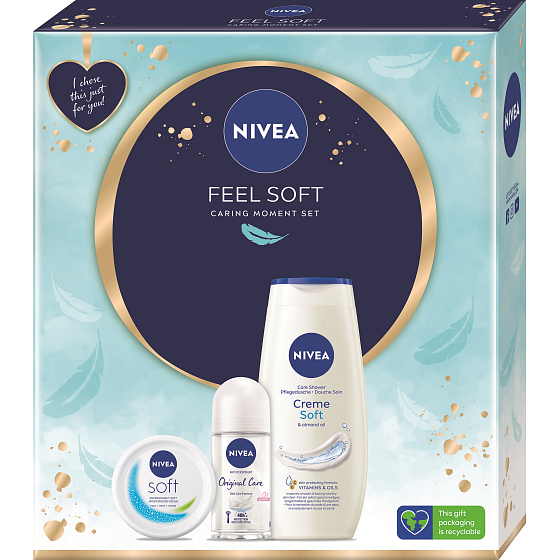 Nivea Feel Soft Soft Frische-Feuchtigkeitscreme für Körper, Gesicht und Hände 100 ml + Original Care Antitranspirant Roll-on 50 ml + Creme Soft Duschgel 250 ml, Kosmetikset für Frauen