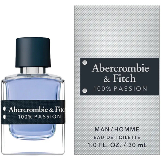 Toaletní voda Abercrombie + Fitch 100% Passion pro muže, 30 ml. Svěží a energizující vůně s ovocnými a dřevitými tóny, která vyzařuje sebevědomí a vášeň, ideální pro aktivní a moderní muže.