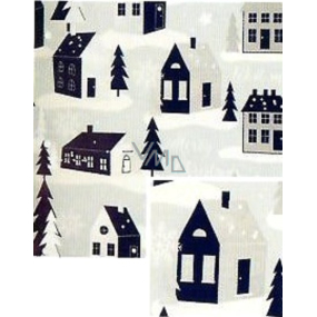 Nekupto Weihnachtsgeschenkpapier 70 x 1000 cm Hellblau-grau, Häuser, Bäume