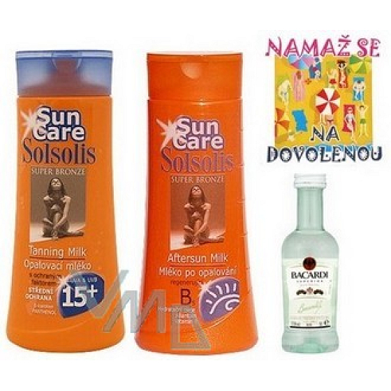 Böhmen Geschenke Solsolis Sun Care OF15 Sonnencreme 250 ml, nach Sonnencreme 250 ml, Bacardi 5 cl