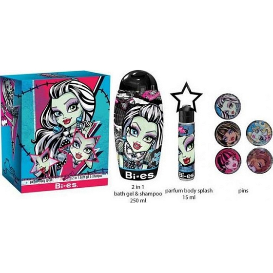 Mattel Monster High Frankie Stein parfümiertes Wasser 15 ml + 2in1 Shampoo und Badeschaum 250 ml + Abzeichen, Kosmetikset