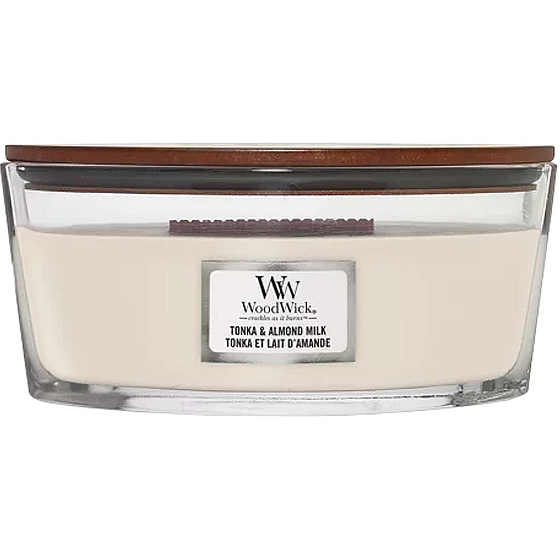 WoodWick Tonka & Almond Milk - Tonka- und Mandelmilch-Duftkerze mit Holzdocht und Deckel Glasschiffchen 453 g