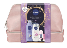 Nivea Smooth Care Smooth Sensation Körpermilch 400 ml + Nivea Diamond & Argan Oil Duschgel 250 ml + Nivea Invisible Black & White Clear Antitranspirant Roll-on 50 ml + Labello Soft Rosé Lippenbalsam 4,8 g + Kosmetiktasche, Kosmetikset für Frauen