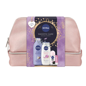Nivea Smooth Care Smooth Sensation Körpermilch 400 ml + Nivea Diamond & Argan Oil Duschgel 250 ml + Nivea Invisible Black & White Clear Antitranspirant Roll-on 50 ml + Labello Soft Rosé Lippenbalsam 4,8 g + Kosmetiktasche, Kosmetikset für Frauen