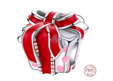 Charm Sterlingové stříbro 925 Dárek s červenou stuhou, symbol radosti a lásky, korálek na náramek vánoce