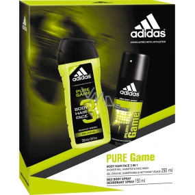 Adidas Pure Game Deodorant Spray für Männer 150 ml + 3 in 1 Duschgel für Körper, Gesicht und Haare 250 ml, Kosmetikset
