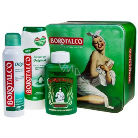 Borotalco Original Deodorant Spray 150 ml + Duschgel 250 ml + Talkum Körperpuder mit natürlichem Talkum 100 g, Umisex Kosmetik Set in einer Blechdose