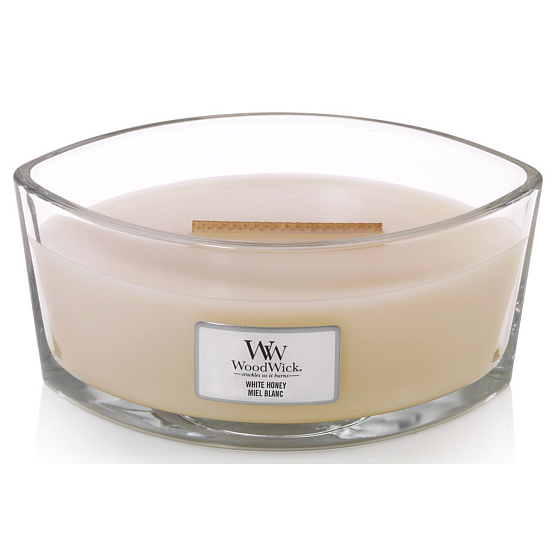 WoodWick White Honey - Weiße Honigduftkerze mit breitem Holzdocht und Deckel 453 g