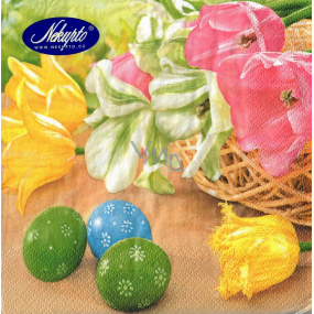 Nekupto Papierservietten 3-lagig 33 x 33 cm 20 Stück Ostergelb, rosa Tulpen, grünes, blaues Ei