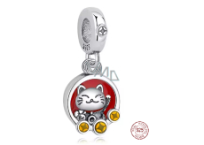 Charm Sterlingové stříbro 925 Japonská Maneki Neko s mincemi, kočky štěstí talisman bohatství a úspěchu, přívěsek na náramek cestování