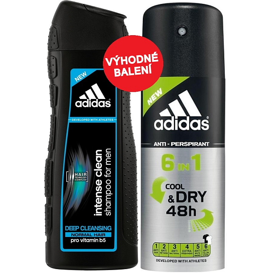 Adidas Cool & Dry 48h 6in1 Antitranspirant Deodorant Spray für Männer 150 ml + Adidas Intense Clean Shampoo für normales Haar für Männer 200 ml, Kosmetikset